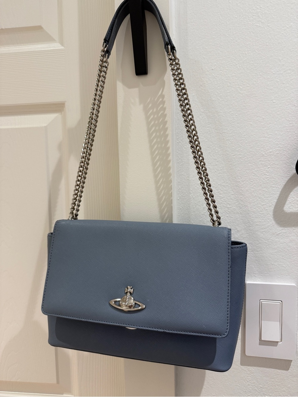Vivienne Westwood Dusty Blue Leather Chain-Shoulder Bag